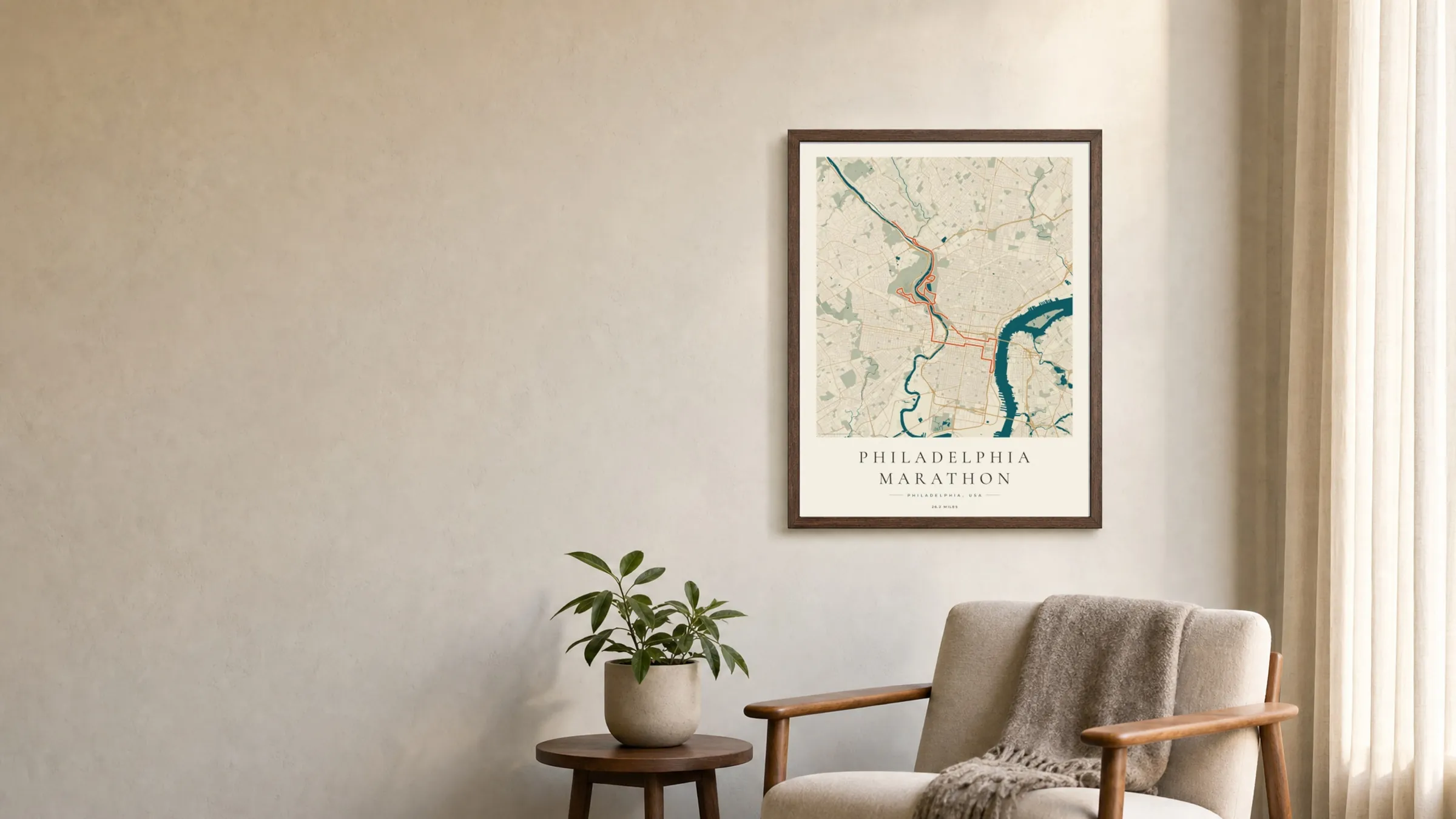 Philadelphia Marathon 2025 Coastal Atlas route print in a dark walnut frame on a living-room wall