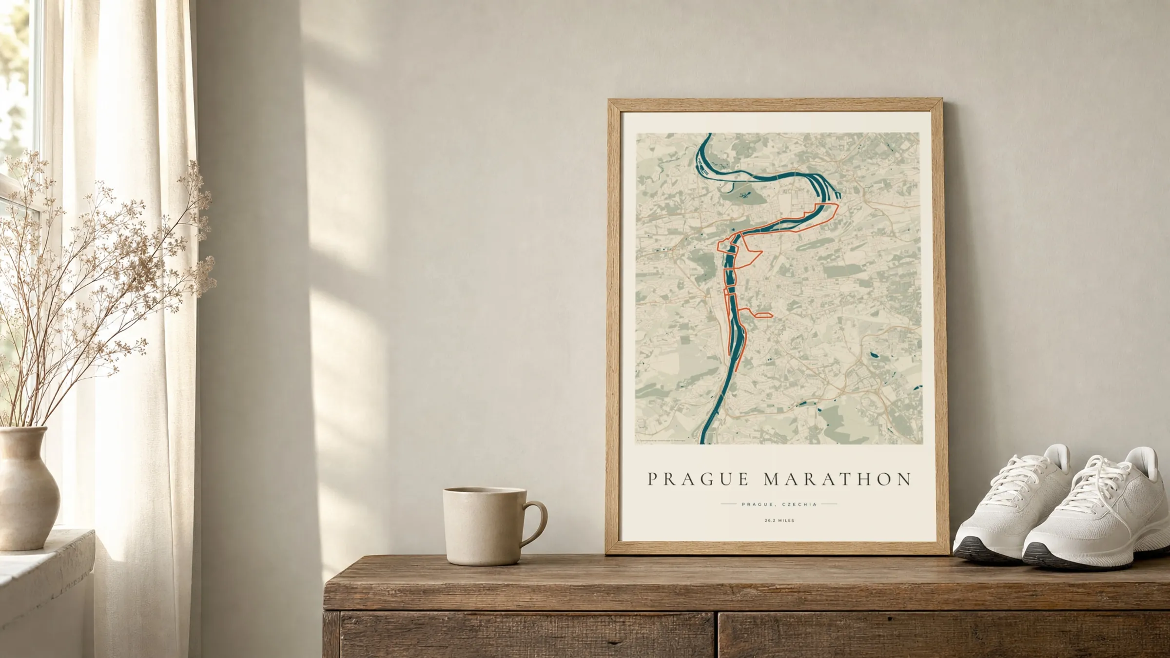 Prague Marathon 2025 Coastal Atlas route print in an oak frame on a sideboard beside running shoes
