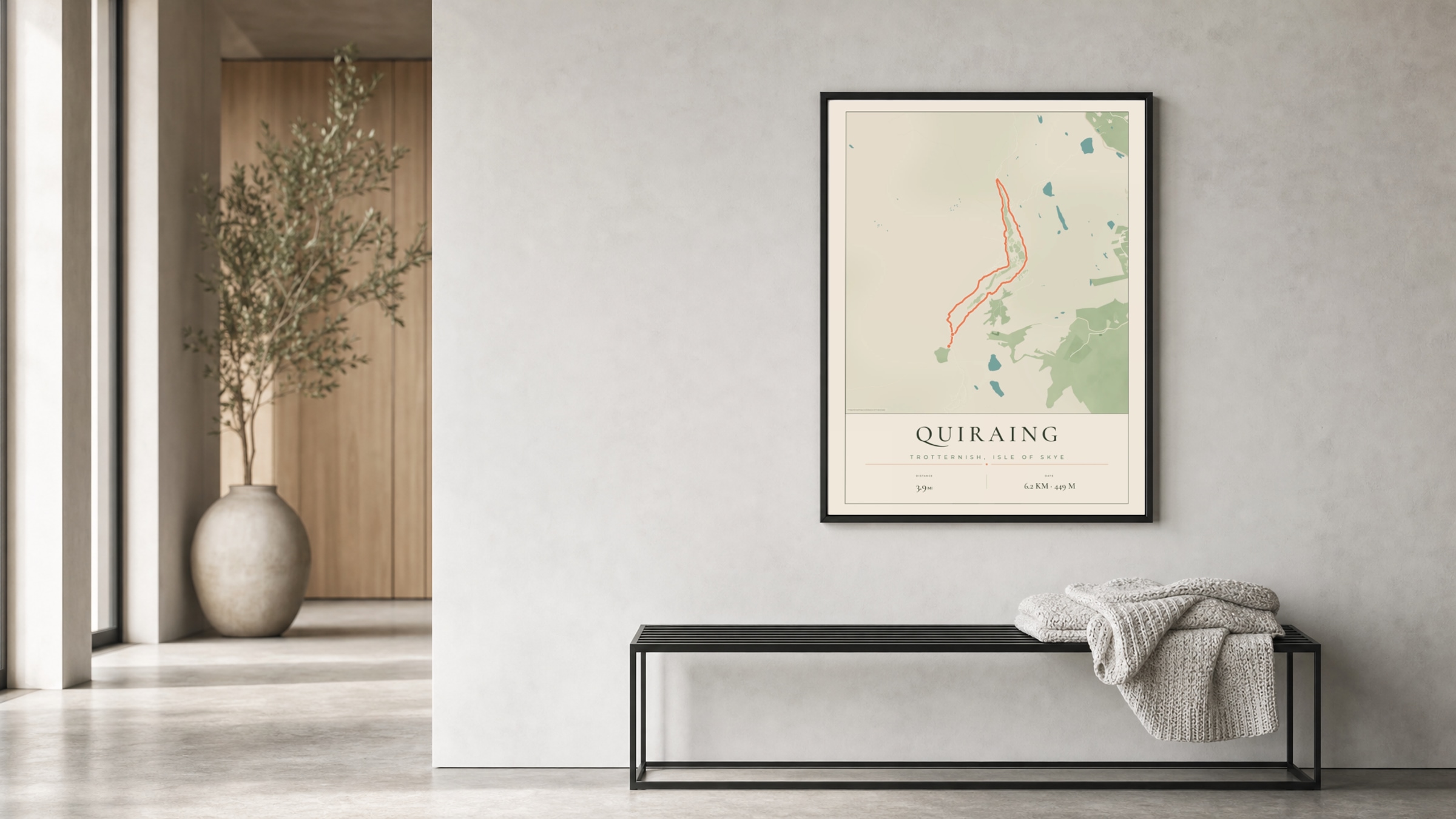 Quiraing Parkland route print in a black frame in a bright hallway