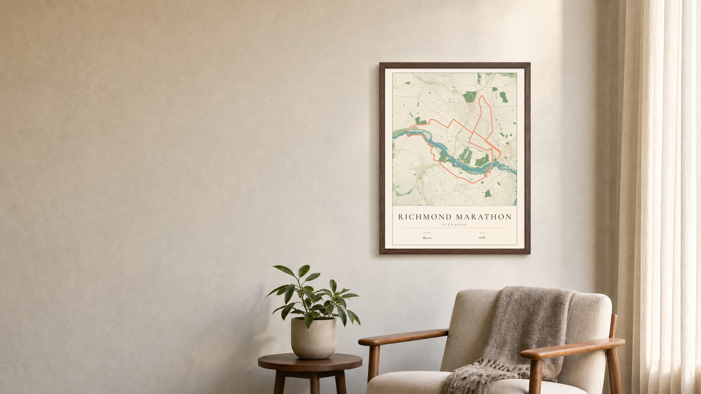 Richmond Marathon 2026 Parkland route print in a dark walnut frame on a living-room wall