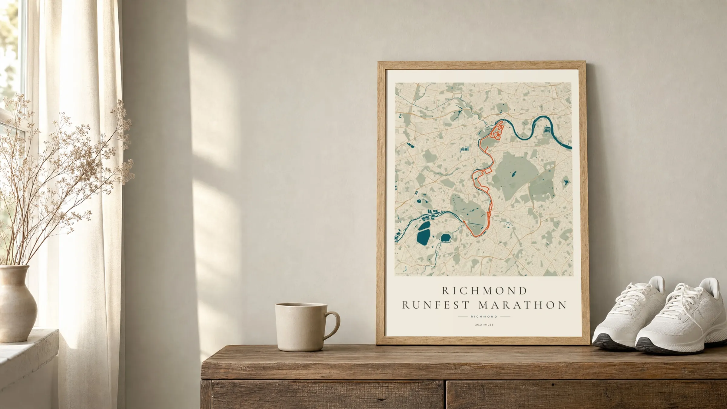 Richmond RUNFEST Marathon 2026 Coastal Atlas route print in an oak frame on a sideboard beside running shoes