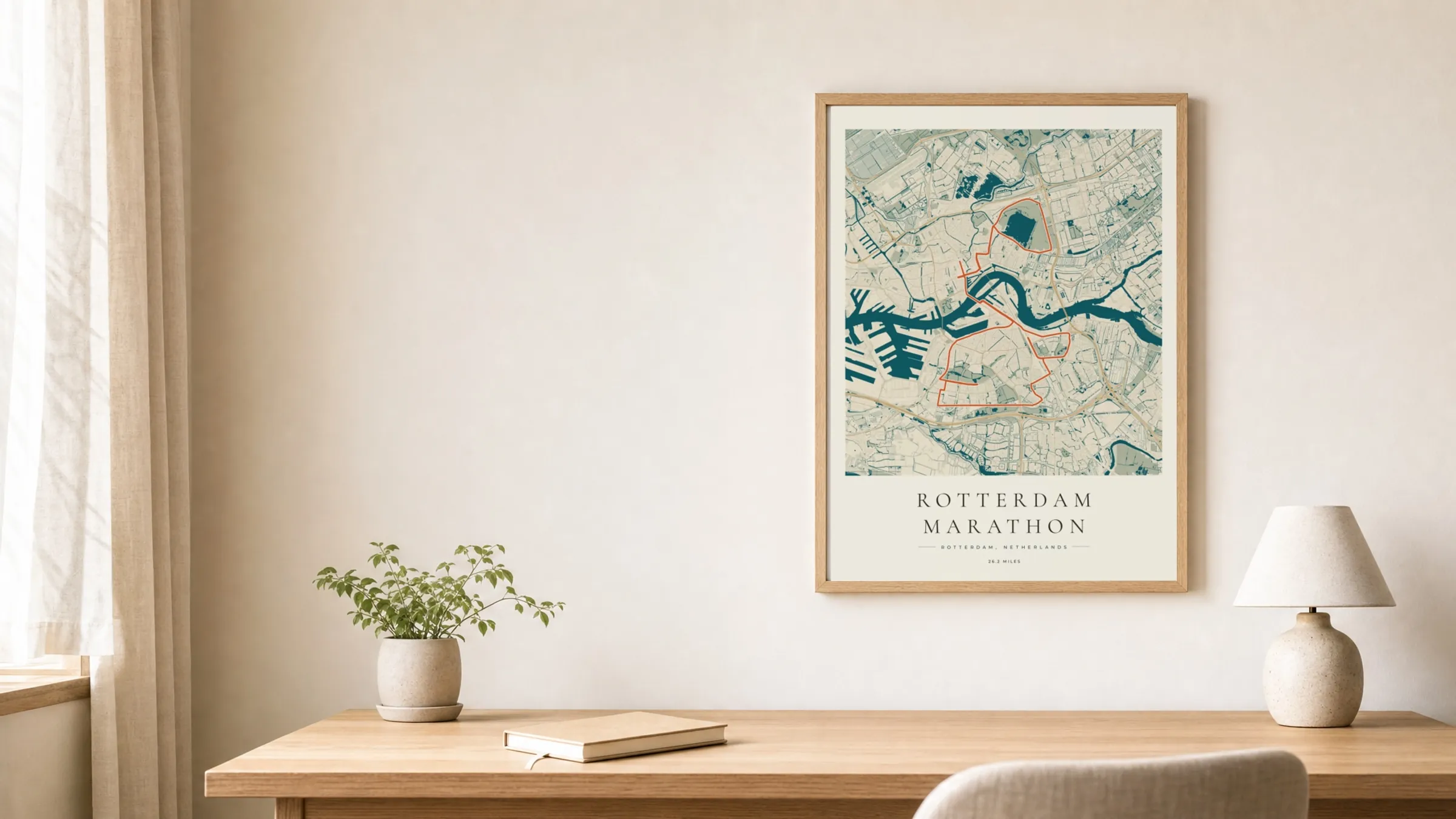 Rotterdam Marathon 2026 Coastal Atlas route print in an oak frame above a study desk