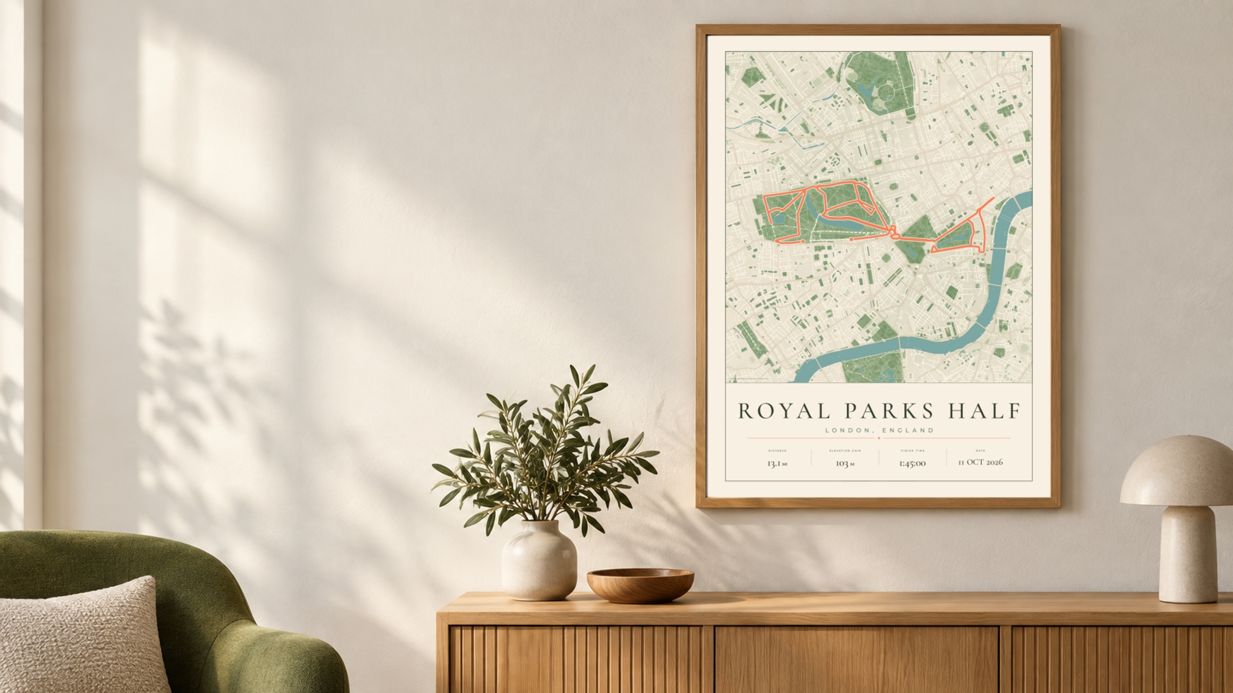 Royal Parks Half Marathon 2026 Parkland route print displayed in a light oak frame in a sunlit room