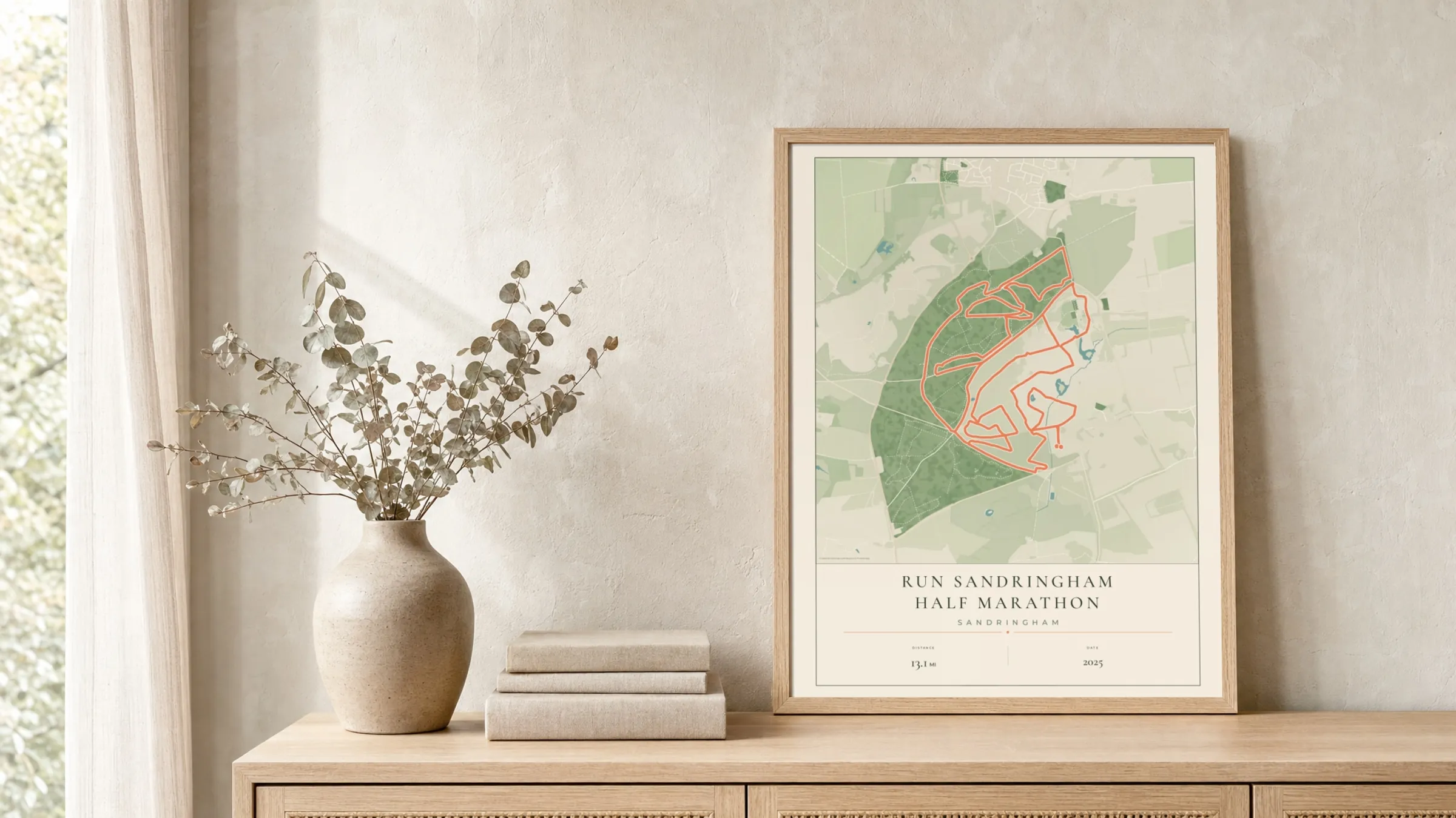 Run Sandringham Half Marathon 2025 Parkland route print in a light oak frame on a rattan console