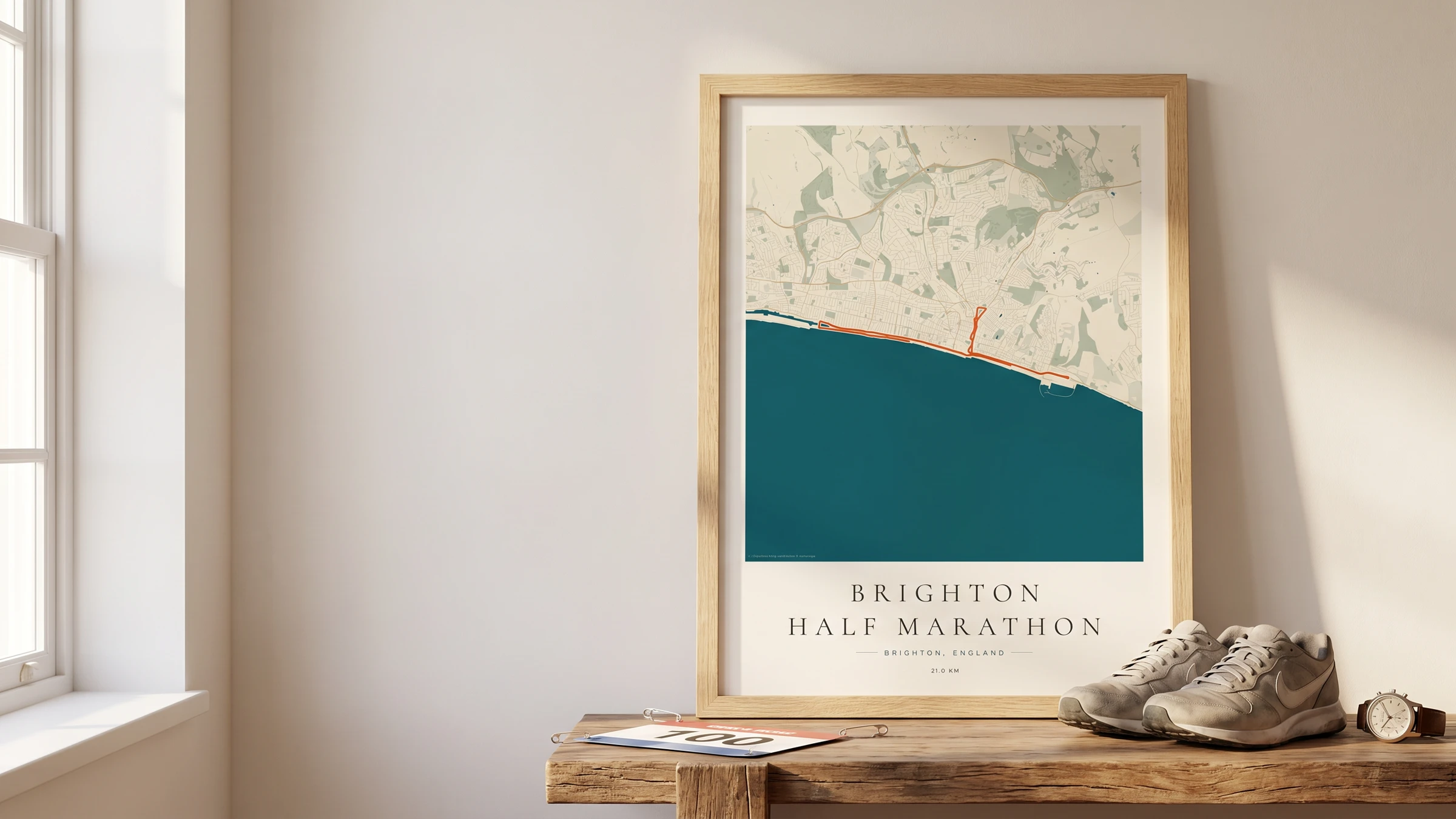 Framed Brighton Half Marathon running route poster in a warm Route Into Art wall art scene
