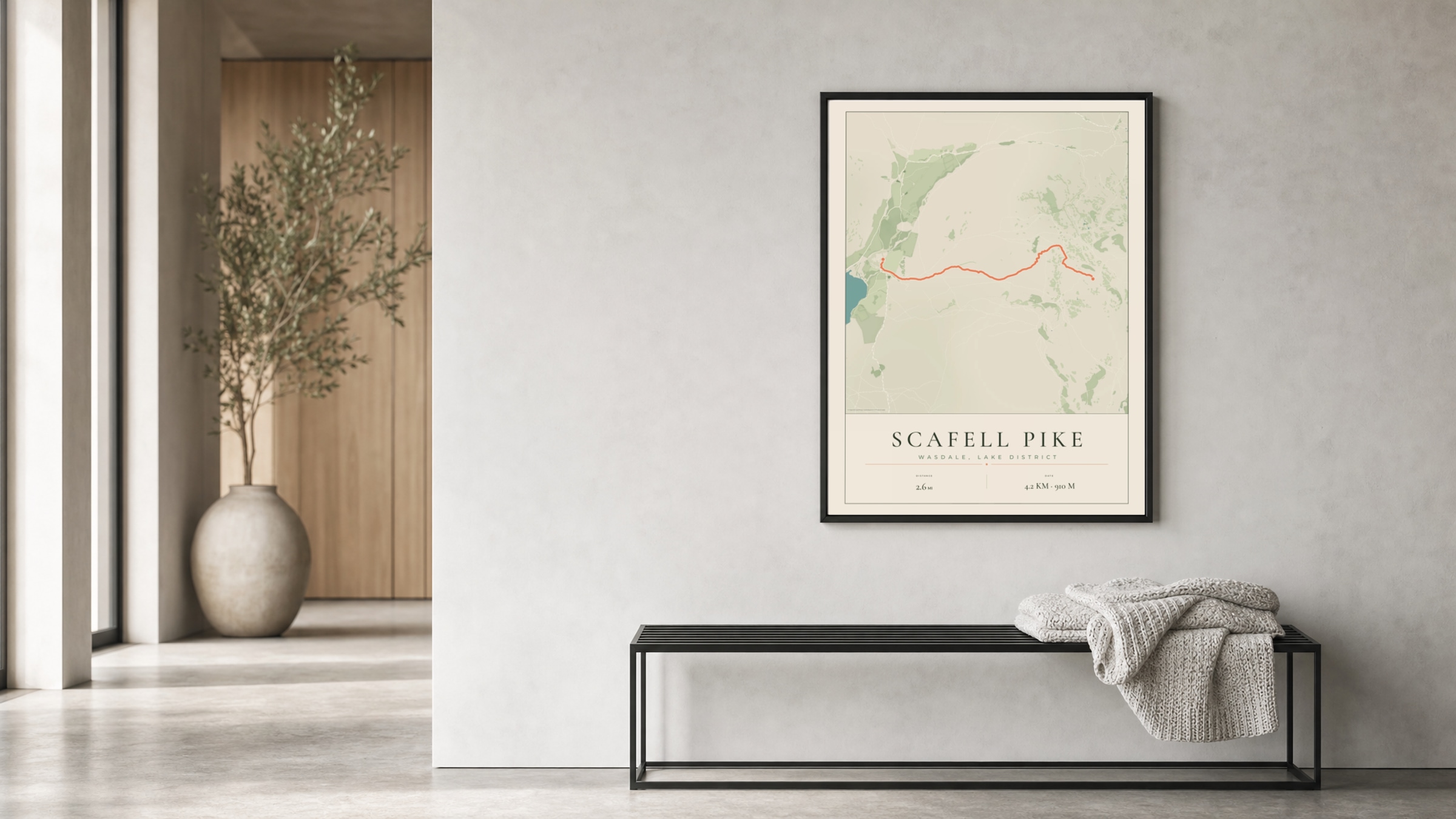 Scafell Pike Parkland route print in a black frame in a bright hallway