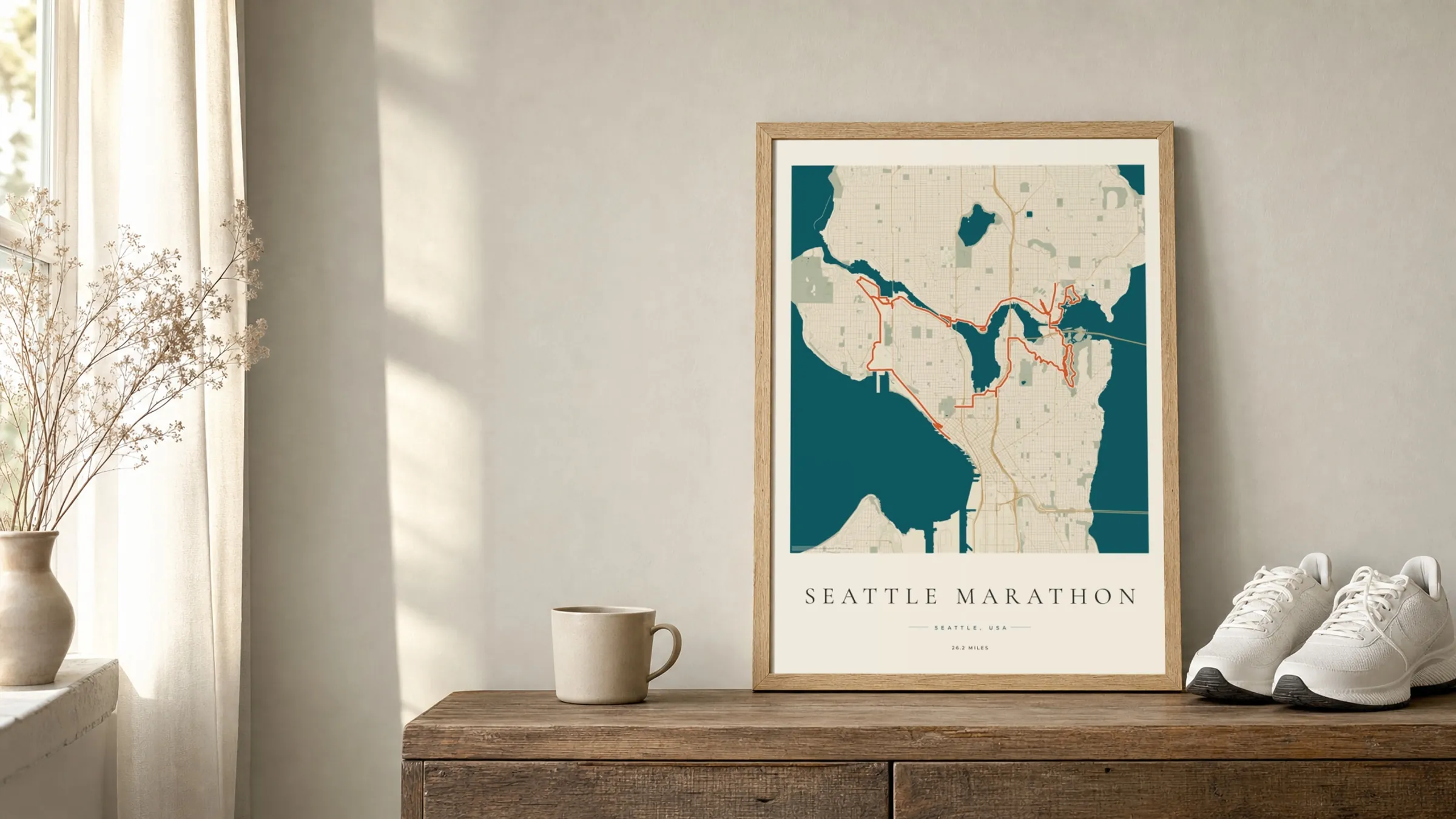 Seattle Marathon 2025 Coastal Atlas route print in an oak frame on a sideboard beside running shoes