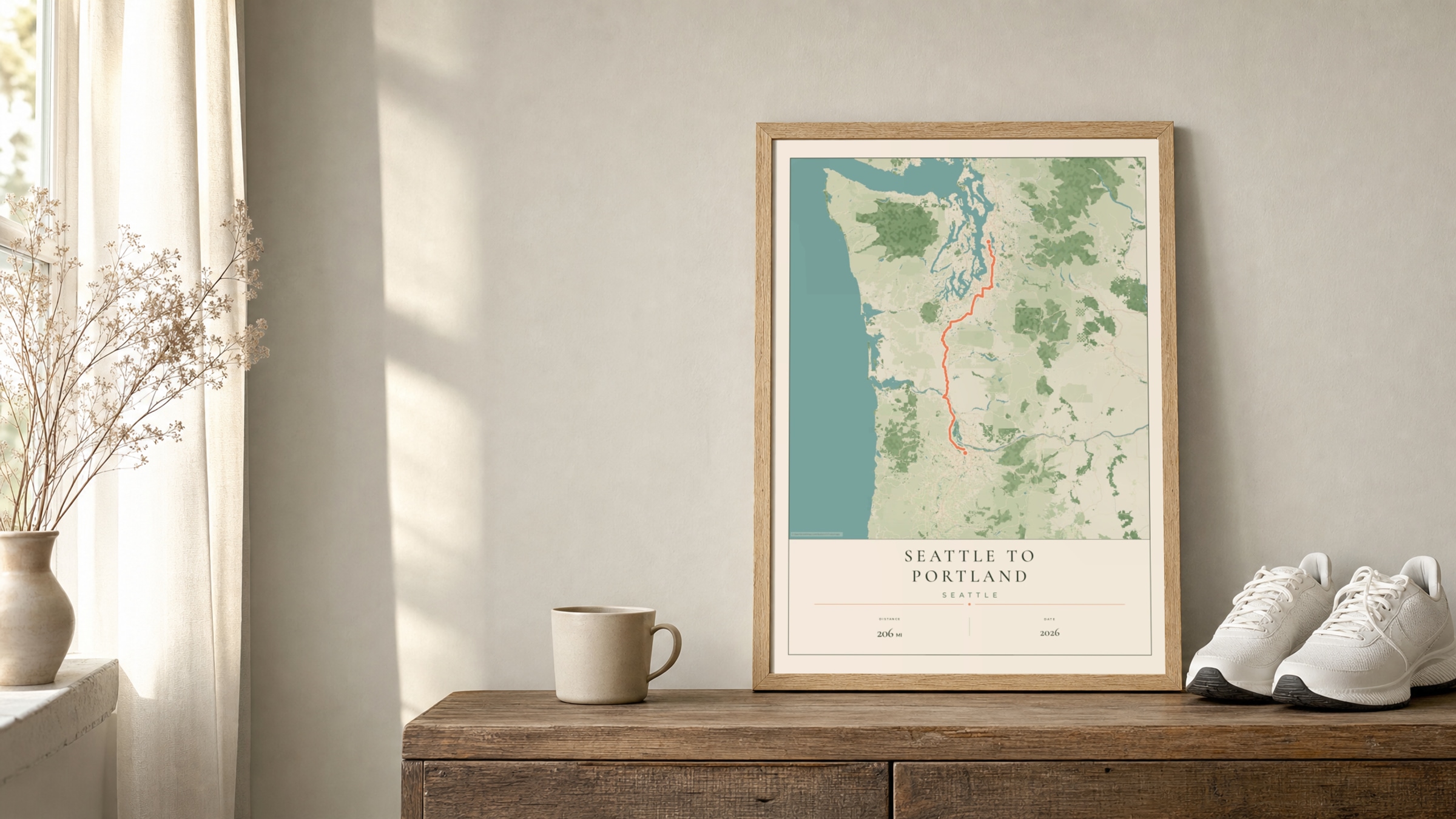 Seattle to Portland 2026 Parkland route print in an oak frame on a sideboard beside running shoes