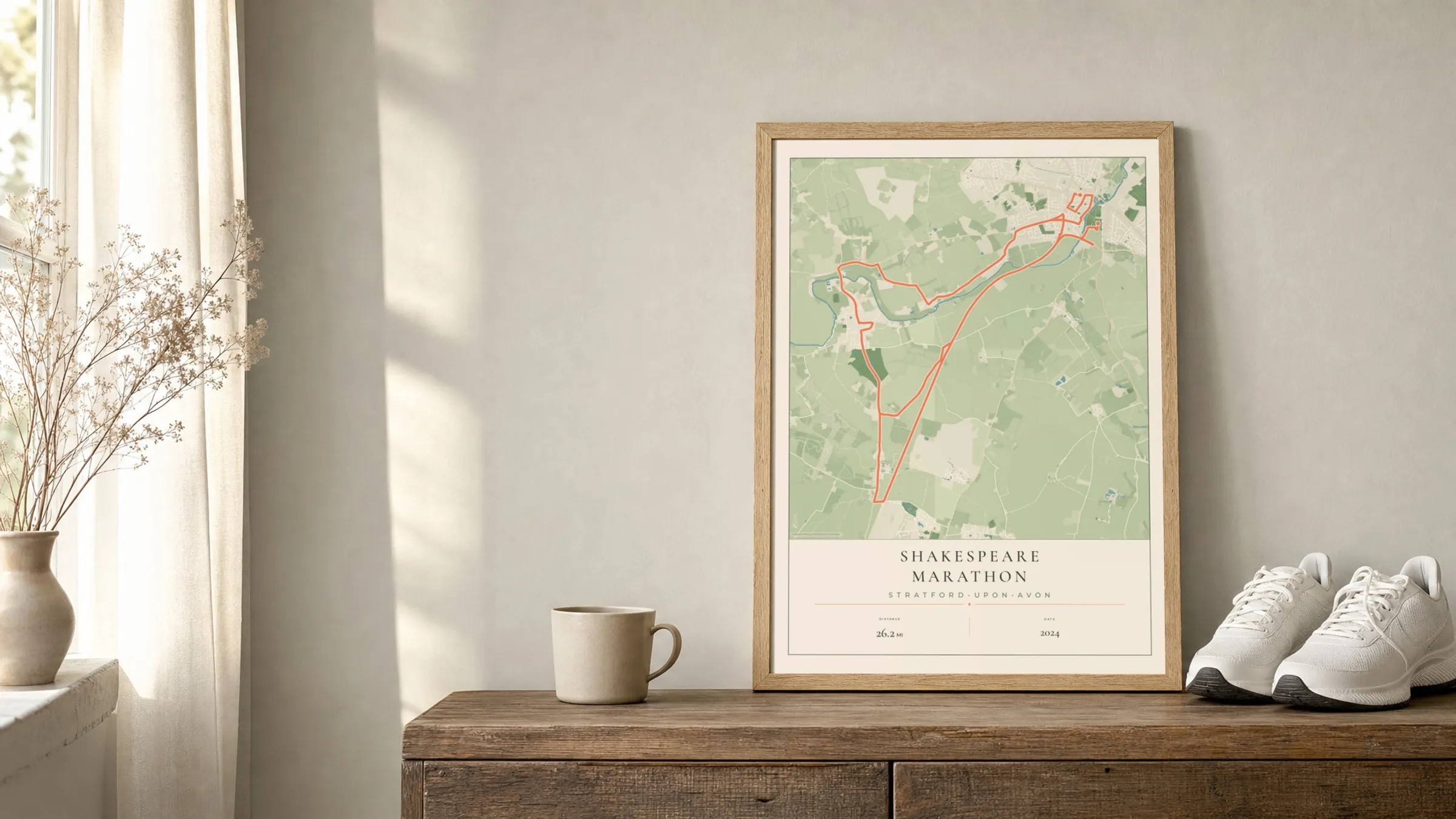 Shakespeare Marathon 2024 Parkland route print in an oak frame on a sideboard beside running shoes