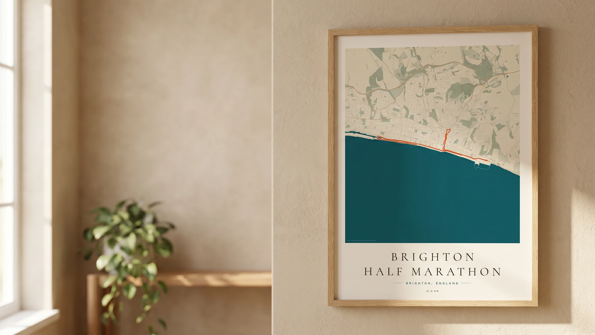 Framed Brighton Half Marathon activity export route poster in a warm Route Into Art wall art scene