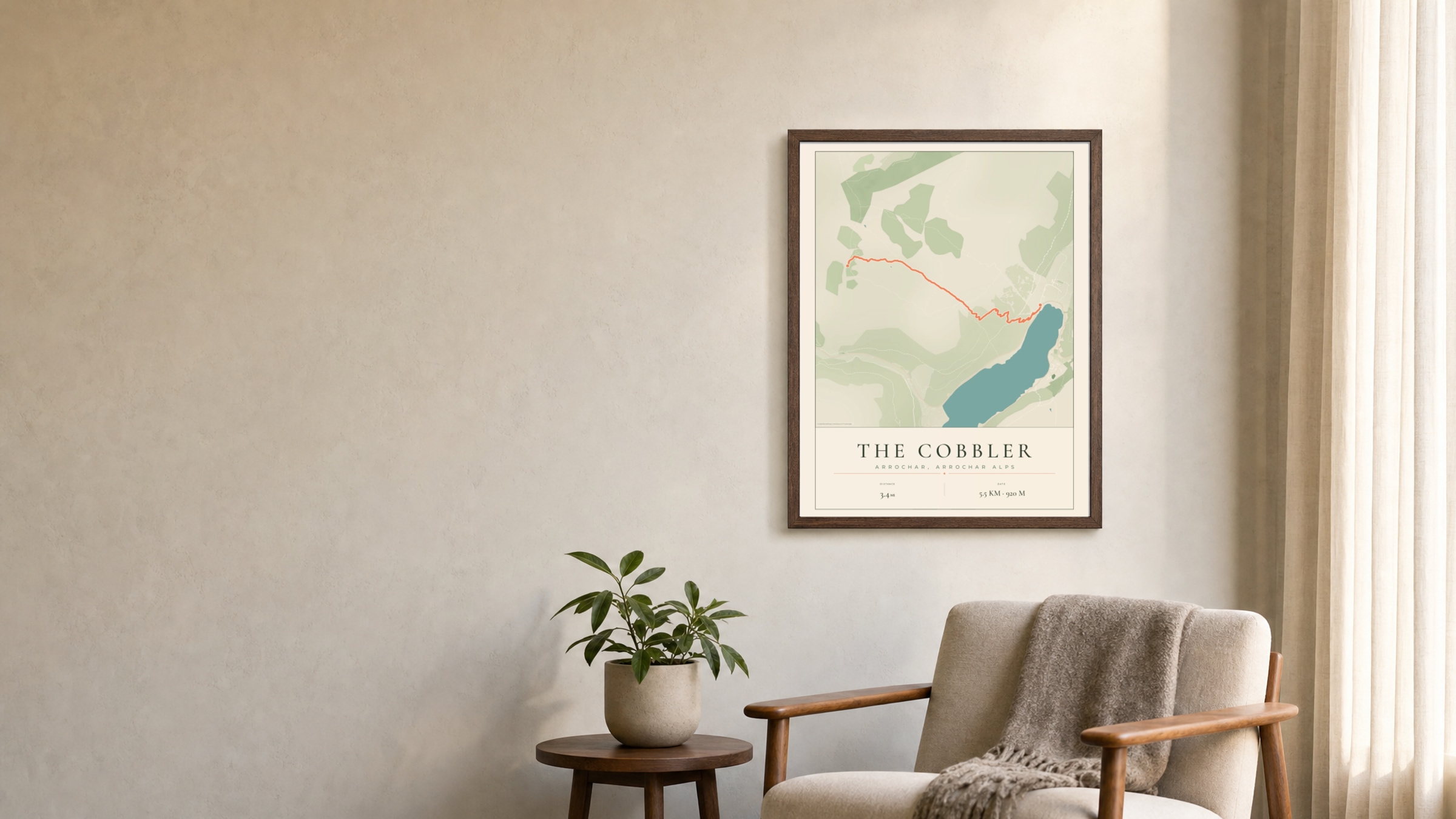 The Cobbler Parkland route print in a dark walnut frame on a living-room wall