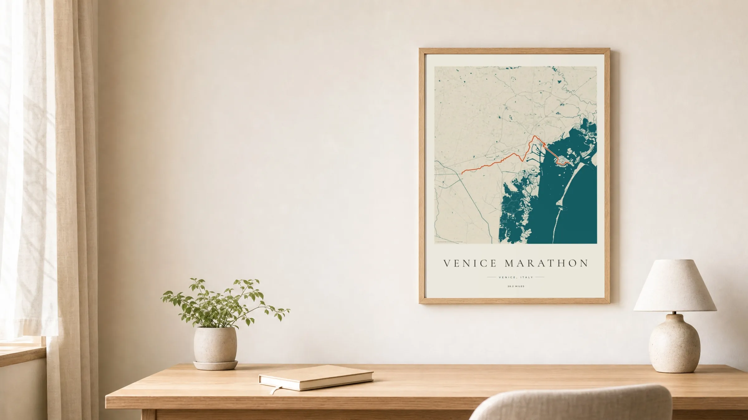 Venice Marathon 2025 Coastal Atlas route print in an oak frame above a study desk