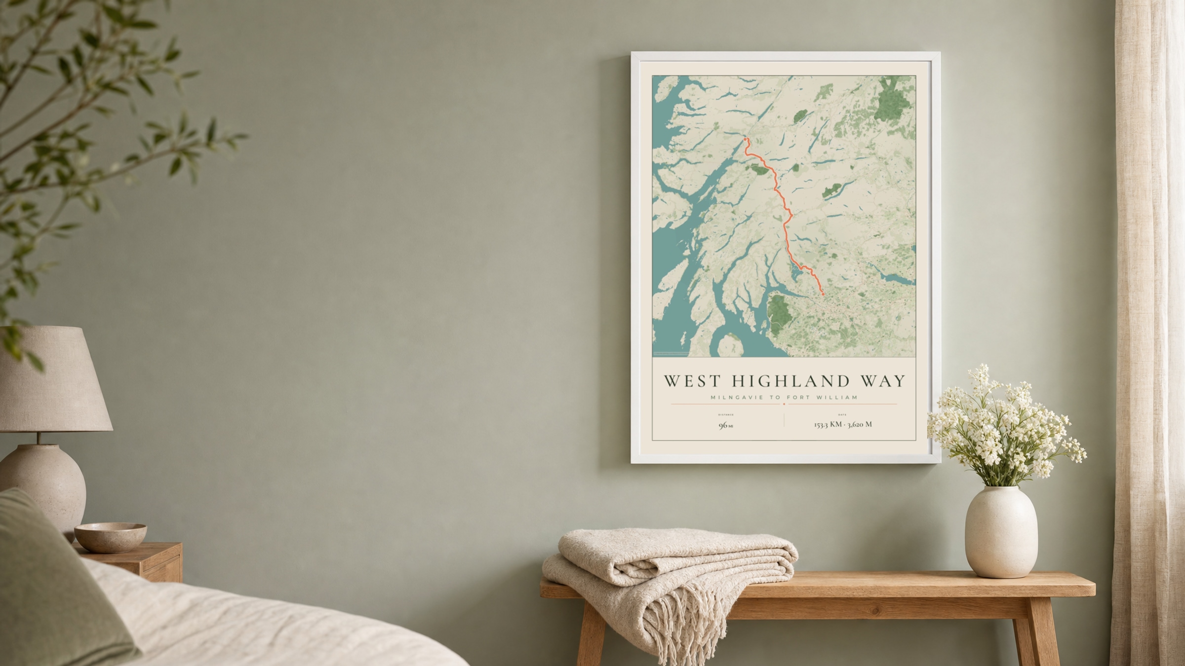 West Highland Way Parkland route print in a white frame on a sage bedroom wall