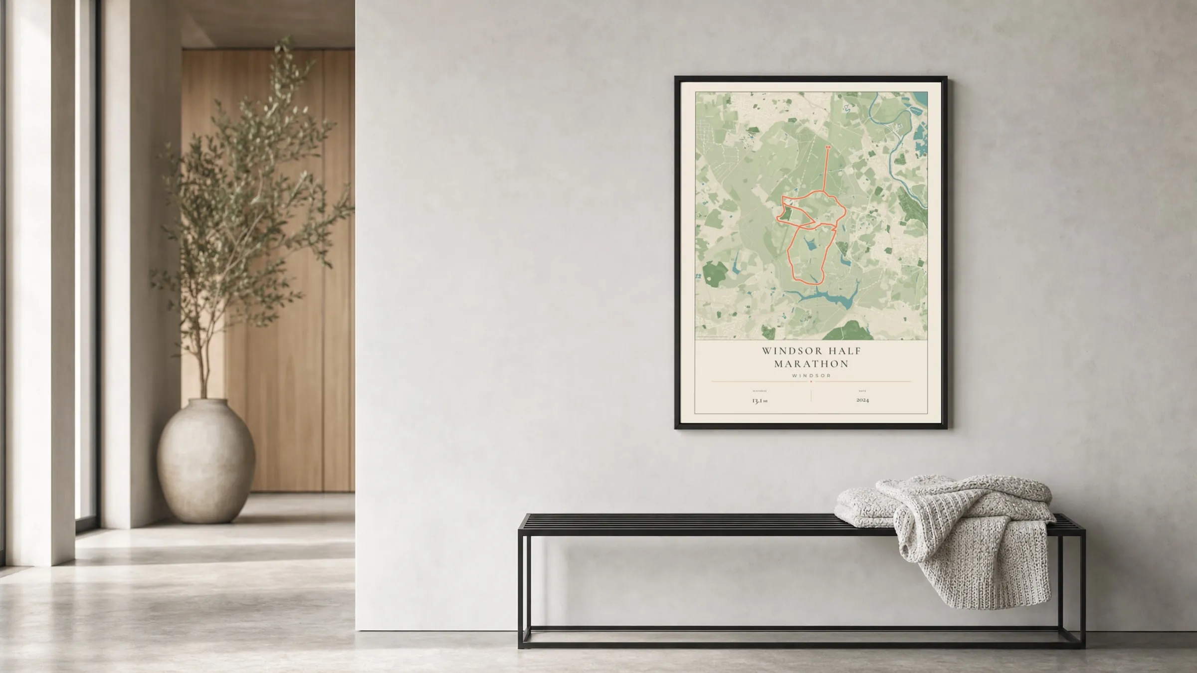 Windsor Half Marathon 2024 Parkland route print in a black frame in a bright hallway