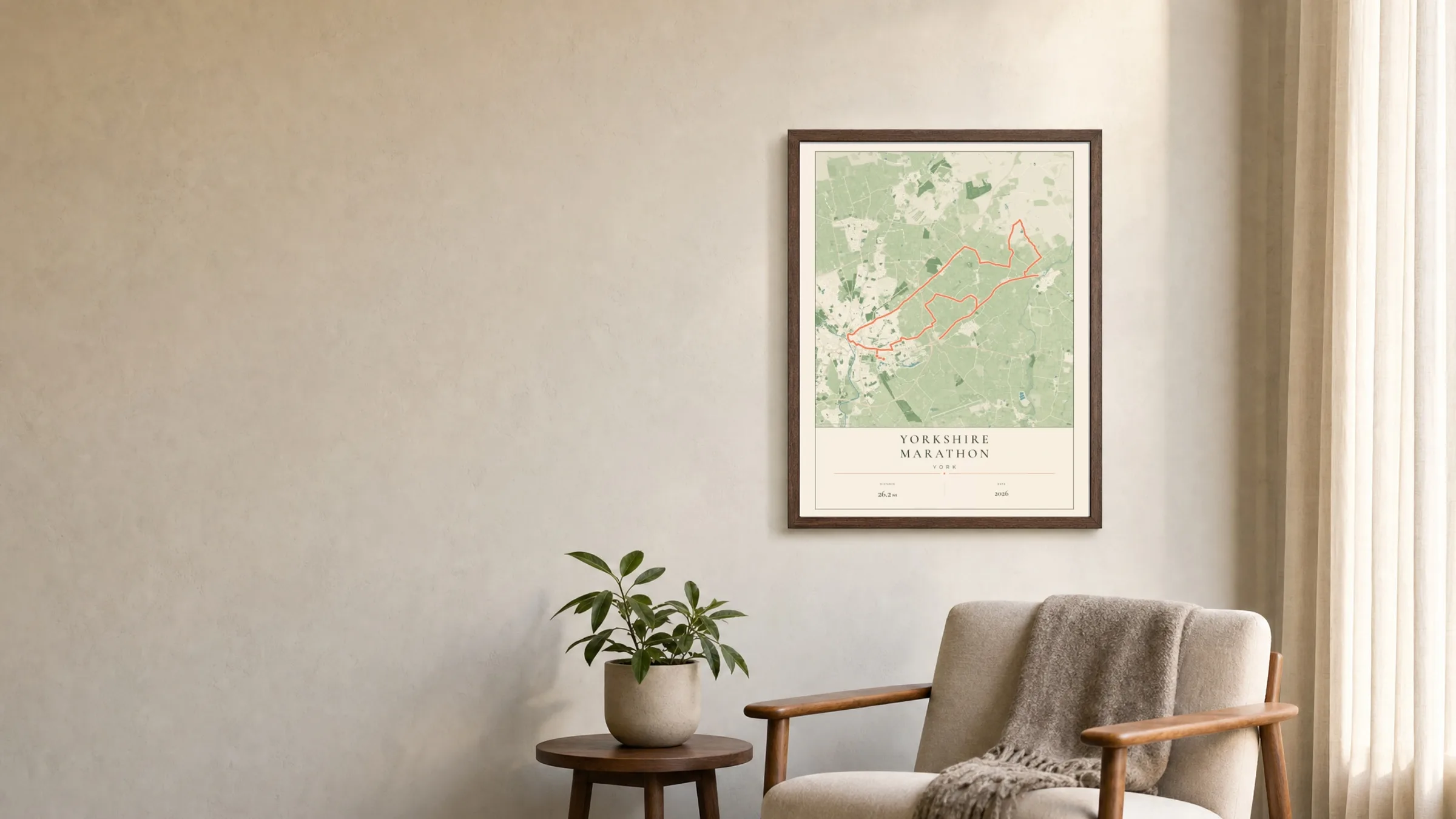 Yorkshire Marathon Parkland route print in a dark walnut frame on a living-room wall