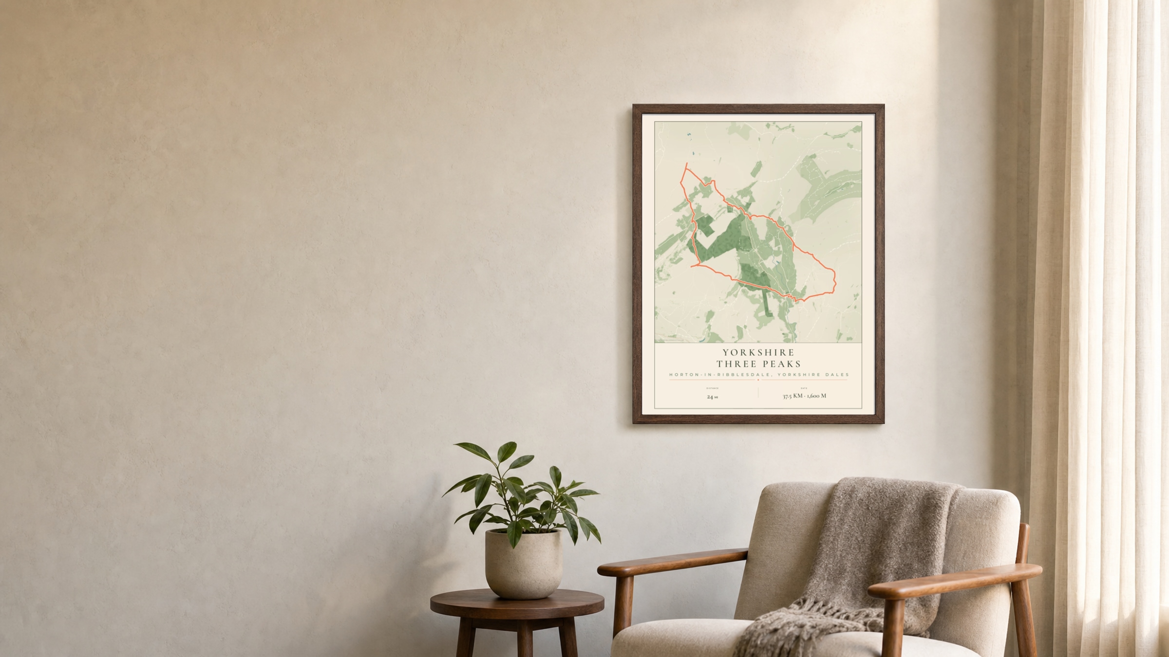 Yorkshire Three Peaks Parkland route print in a dark walnut frame on a living-room wall