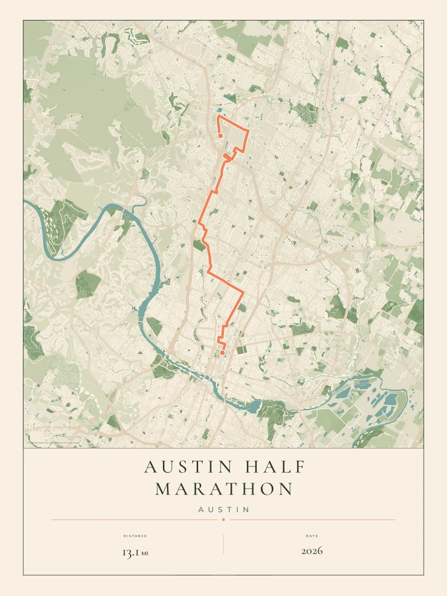 Austin Half Marathon route map, 2026 course
