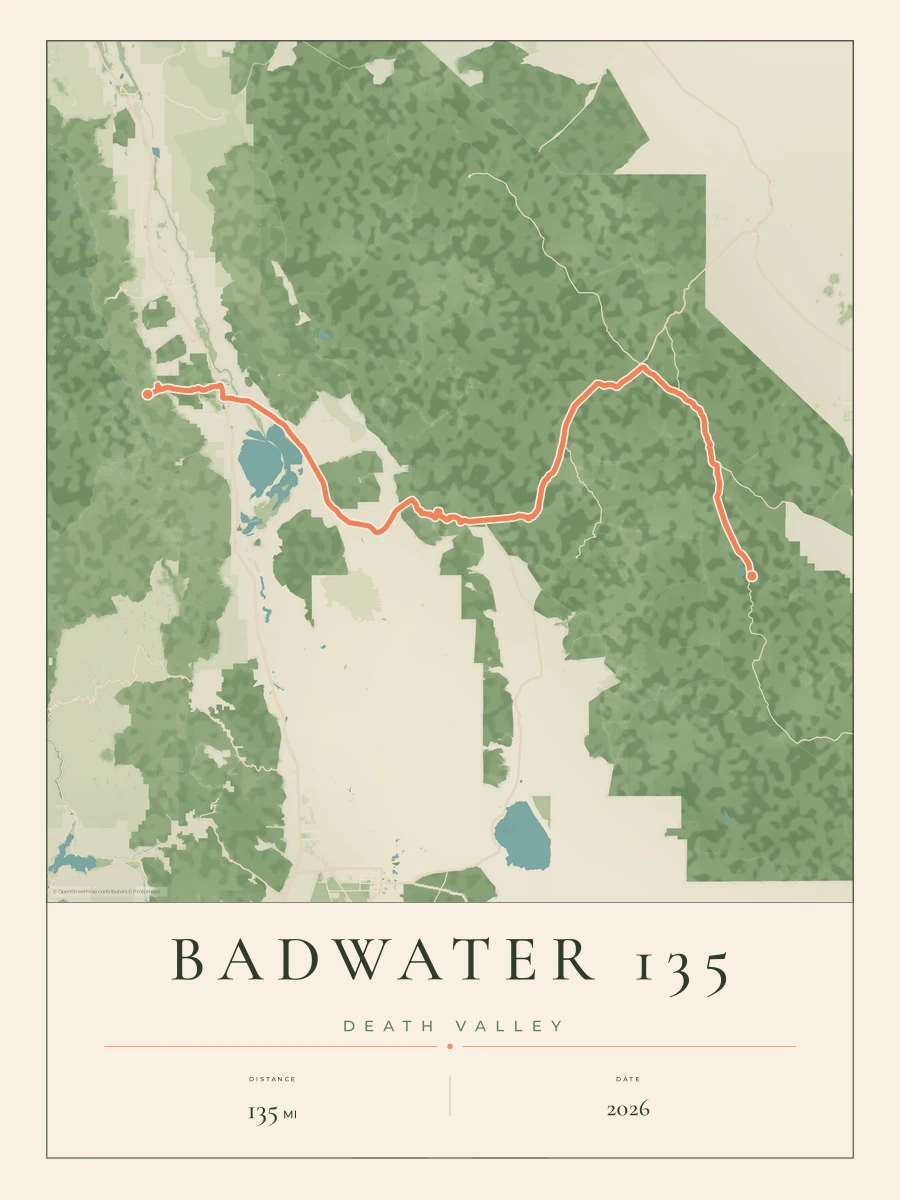 Badwater 135 route map, 2026 course