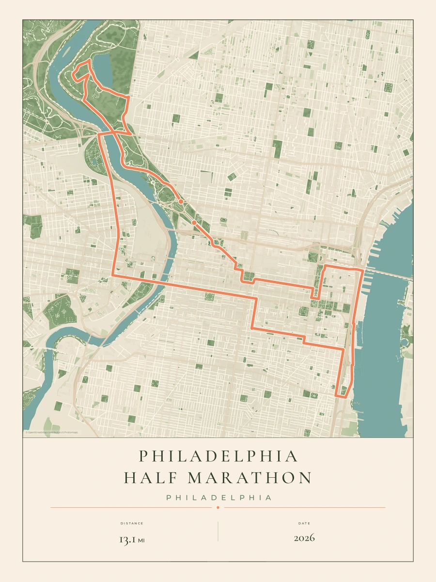 Philadelphia Half Marathon route map, 2026 course