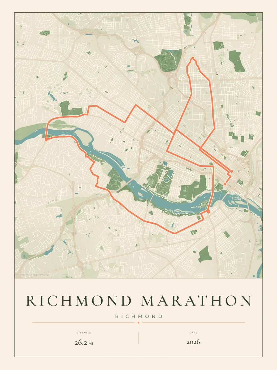 Richmond Marathon route map, 2026 course